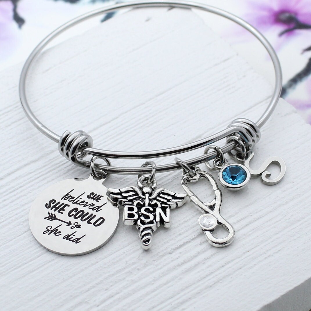 Bachelor of Science Nursing Bracelet, BSN Charm Bangle, BSN Medical Charm, Nurse Graduation, She Believed She Could So She Did Jewelry