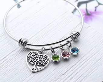 Tree of Life Birthstone Bracelet, Personalized Grandma Charm Bangle Bracelet, Gift for Mom Grandma, Mother's Day Gift Jewelry