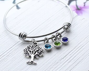 Family Tree Birthstones Bracelet, Personalized Grandma Charm Bangle Bracelet, Gift for Grandma, Mother's Day Gift Jewelry