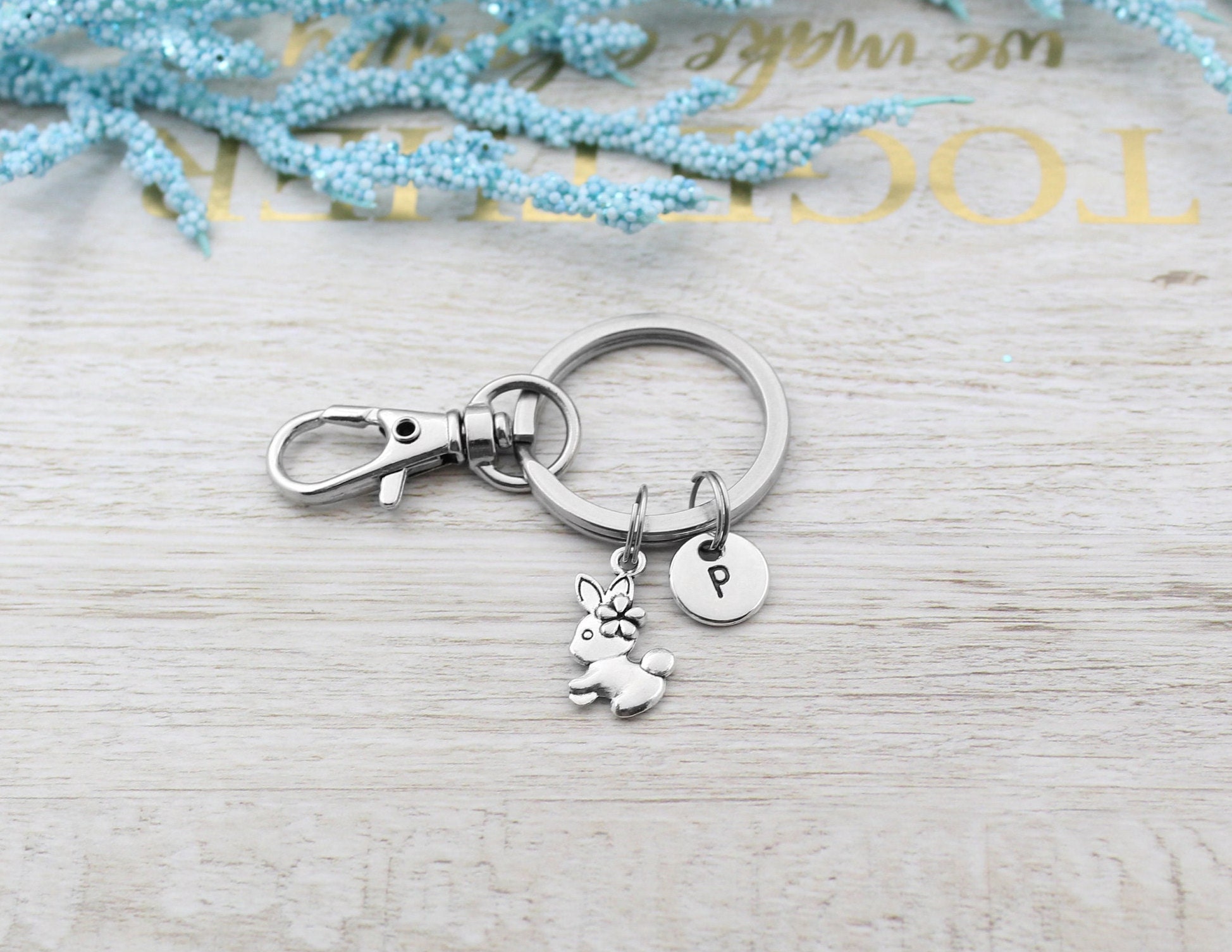 Rabbit Keychain, Personalized Rabbit Charm Keyring, Rabbit Charm ...