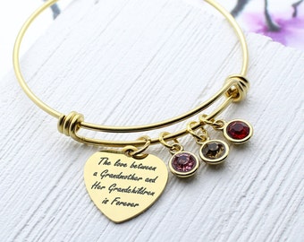 Gift for Grandmother, Gift from Grandchildren, Mother's Day Gift, Family Tree Birthstone Jewelry, Grandma's Charm Bracelet, Gold Bangle