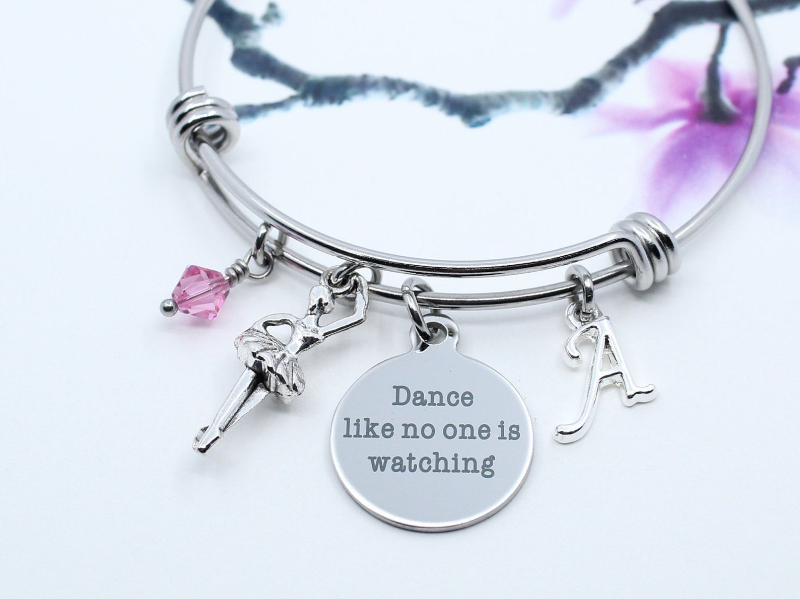 ballet bracelet, personalized ballet gift idea, ballerina charm bangle bracelet, dance like no one is watching jewelry, ballet l