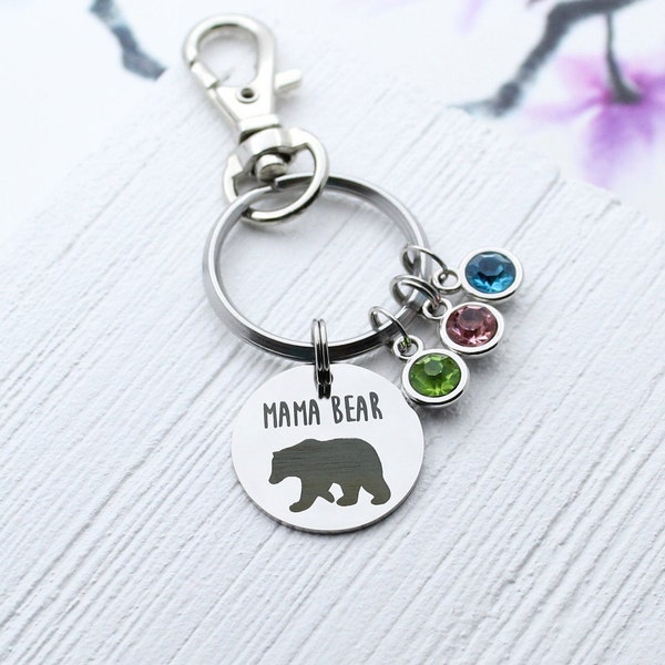 Mama Bear Keychain, Mama Bear Birthstones Charm Key Chain, Personalized, Gift for Mom, Mother's Day Gift Accessory, Family Birthstones