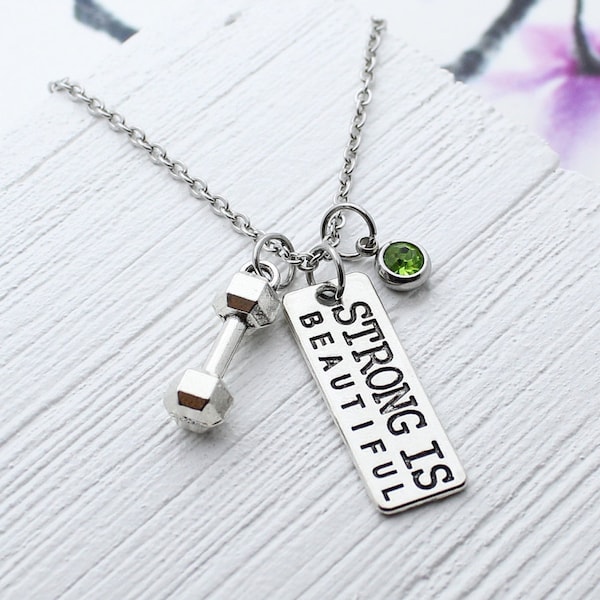 Strong is Beautiful Necklace, Personalized Work Out Charm Necklace, Barbell Dumbbell Jewelry, Fitness, Exercise, Gym, Gift for Trainer