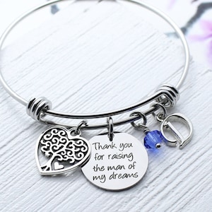 Thank You for Raising the Man of my Dreams Bracelet, Personalized Family Tree Charm Bangle Bracelet, Gift for Mother In Law Jewelry