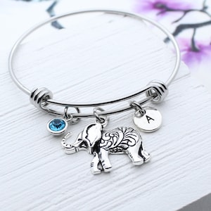 Elephant Bracelet, Elephant Charm Bangle Bracelet, Personalized Jewelry, Wild Animal Charm, Safari Charm, Elephant Gift Idea