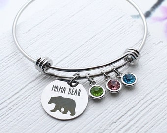 Mama Bear Bracelet, Personalized Gift for Mom, Mother's Day Gift Idea, Birthstone Charm Jewelry, Mama Bear Gift, Gift for Mom Charm Bangle