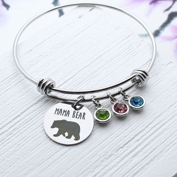 Mama Bear Bracelet, Personalized Gift for Mom, Mother's Day Gift Idea, Birthstone Charm Jewelry, Mama Bear Gift, Gift for Mom Charm Bangle