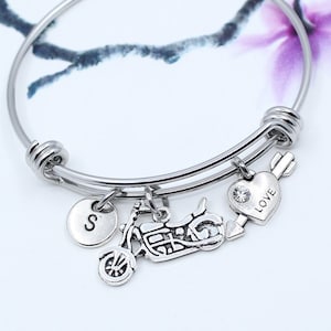 Motorcycle Bracelet, Personalized Motorcycle Charm bangle Bracelet, Rider Jewelry, Gift for Biker Chick, Female Motorcycle
