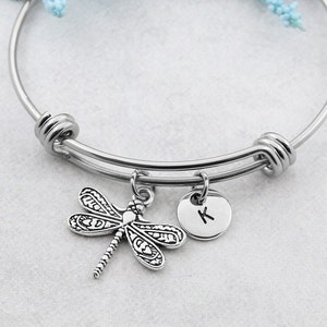 Personalized Dragonfly Initial Bracelet, Dragonfly Charm Bangle Bracelet, Dragonfly Jewelry, Insect Dragonfly Bracelet