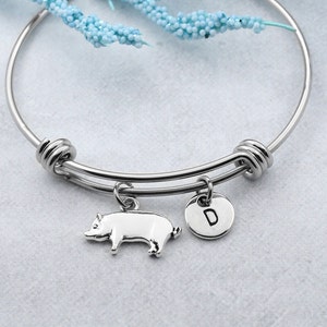 Pulseira inicial de porco personalizada, pulseira com pingente de porco, joias de porco, pulseira de animal de fazendeiro, joias de porco