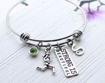 Strong is Beautiful Bangle Bracelet, Gift for Runner Girl, Lady Running Charm Jewelry, Motivation, Girl Runner Charm Bracelet, Sports