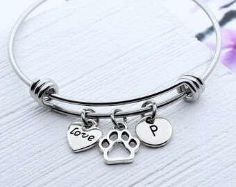 Paw Print Bracelet, Dog Paw Charm Bangle, Dog Bracelet, Personalized Initial Charm, Dog Lover Gift Idea, Dog Jewelry, Gift for Pet Lover