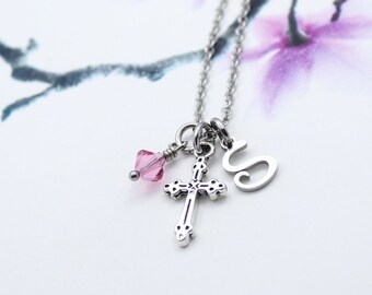 Cross Necklace, Personalized Cross Charm Jewelry, First Communion Gift, Confirmation Gift, Christian Gift, Mother's Gift, Girlfriend's Gift