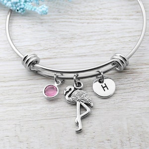 Personalized Flamingo Charm Bracelet, Flamingo Charm Bangle Bracelet, Flamingo Charm Jewelry, Flamingo Bracelet