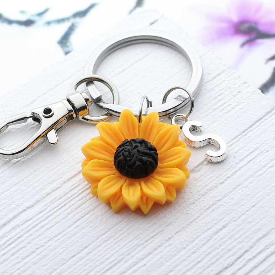 Sunflower Keychain Personalized Sun Flower Charm Key Chain Etsy