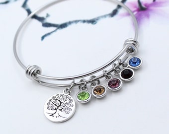 Family Tree Birthstone Bracelet, Personalized Mom Charm Bangle Bracelet, Gift for Grandma, Mother's Day Gift Jewelry