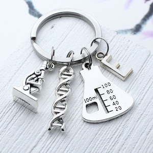 Personalized DNA charm Keychain, Microscope Charm Accessory, Beaker Charm Jewelry, Scientist Teacher Gift, Scientist Biology Laboratory Gift