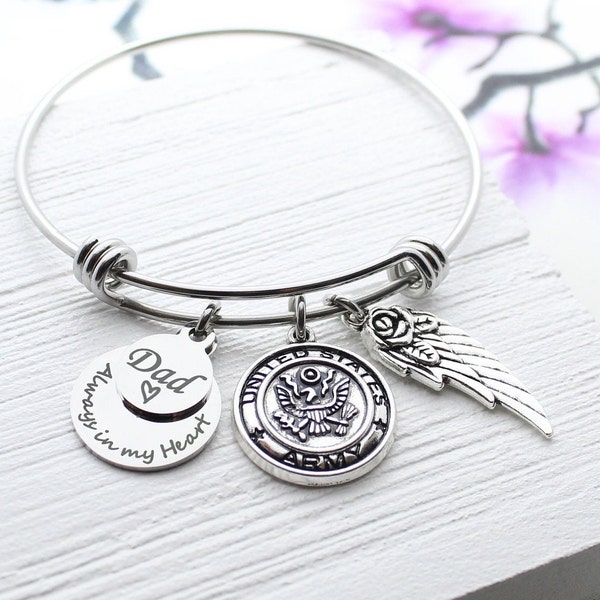 Memorial Military Bracelet, Sympathy US Army, Air Force, Navy, Marine Corps, Coast Guard Charm Jewelry, Personalized Bangle, Uncle, Dad
