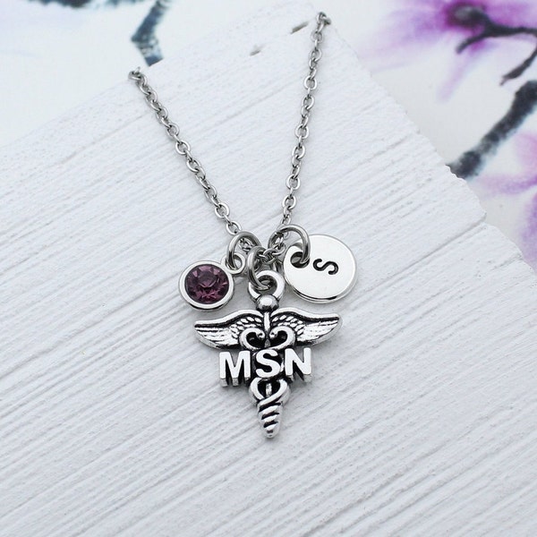 Personalized MSN Charm Necklace, Master Science Nursing Charm Jewelry, Gift for Msn, MSN Graduation Gift, MSN Caduceus Charm, Nurse