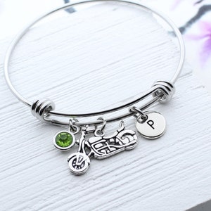 Personalized Motorcycle Charm Bangle Bracelet, Motor Bike Charm Jewelry, Gift for Biker Chick, Rider Gift, Female Motor Cycle Accessory
