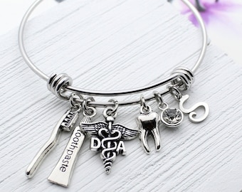 Dental Bracelet, Dental Assistant Charm Bangle, Personalized DA Graduation Gift, Dental Assistant Gift, Dentist Jewelry, Gift for Dentist