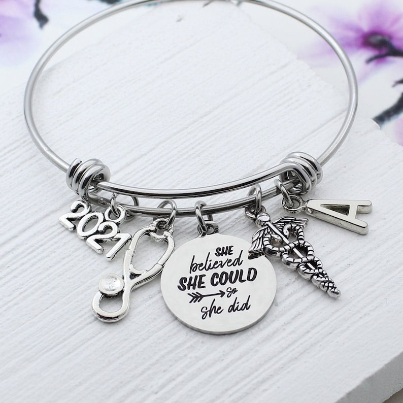 Nurse Jewelry Personalized Caduceus Charm Bangle Bracelet Medical School Gift for Doctor Caduceus Graduation Gifts