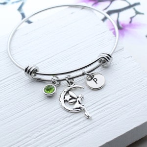 Tinkerbell Charm Bangle Bracelet, Moon Fairy Charm Jewelry, Disney Tinkerbell Gift Idea, Fairy Tale Accessory, Personalized, Gift for Girl