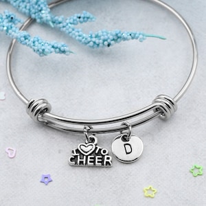 I Love to Cheer Bracelet, Personalized Cheerleader Charm Bangle, Cheerleader Jewelry, Gift for Cheerleader, Cheerleader Team Gifts