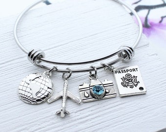 Travel Bracelet, Journey Bangle, Personalized Camera Travel Charm Bangle Bracelet, Gift for Travel Lover, Traveler Jewelry, Adventure