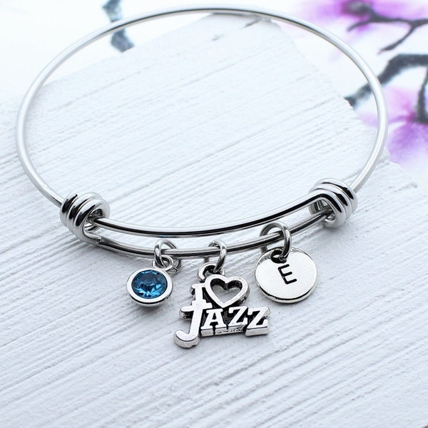 Bracelet jonc personnalisé I Love Jazz, cadeau de musique, cadeau d'amant de jazz, bijoux de charme de jazz, cadeau d'accessoire de jazz, cadeaux de jazz