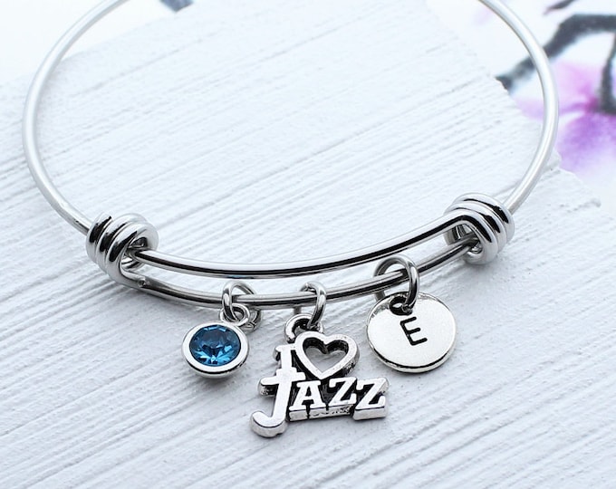 Personalized I Love Jazz Bangle Bracelet, Music Gift, Jazz Lover Gift, Jazz Charm Jewelry, Jazz Accessory Gift, Jazz Gifts