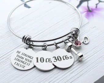 Be Stronger Than Your Strongest Excuse Charm Bangle Bracelet, Personalized Weight Loss Charm Jewelry, Gift for Trainer, Fitness, Motivation