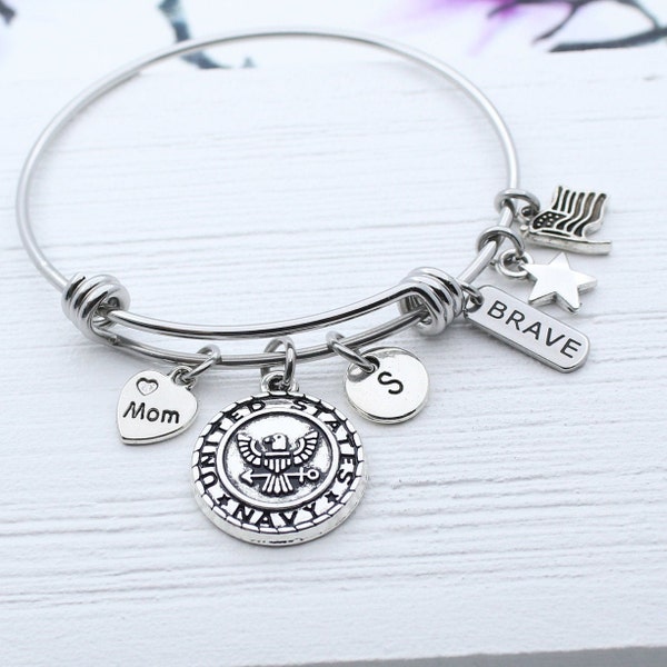 Personalized Military Charm Jewelry, US Marine Mom, Air Force Mom, Army Mom, Navy Mom, Coast Guard Mom, Veteran Women, Military Charm Bangle