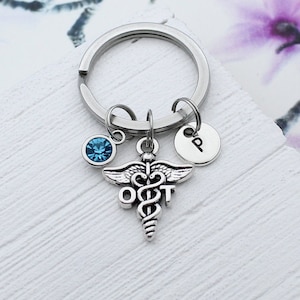 May include: Silver keychain with a medical caduceus charm, a blue crystal charm, and a silver charm with the letter "P".