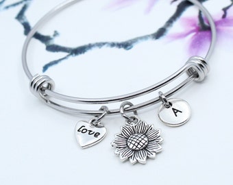 Sunflower Bracelet, Personalized Sunflower Charm Bangle Bracelet, Sun Flower Jewelry, Best Friend Gift Idea, Birthday Gift, Gardening Gift