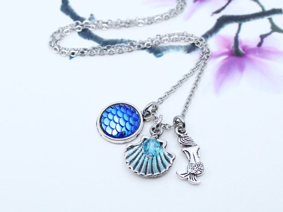Gift Idea Mermaid Iridescent Blue Fish Scale Tail Pendant Chain Keyring