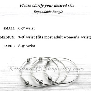 May include: Three expandable silver bangles in different sizes. The sizes are labeled as small, medium, and large with corresponding wrist measurements in inches. The text "KristinallsShop.etsy.com" is visible in the bottom center of the image.