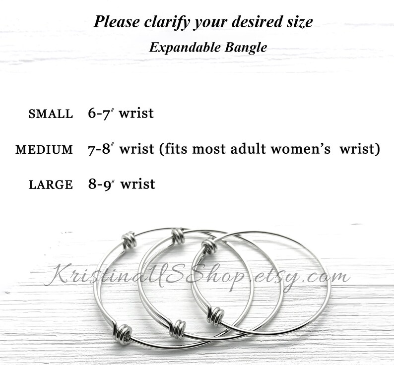 May include: Three expandable silver bangles in different sizes. The sizes are labeled as small, medium, and large with corresponding wrist measurements in inches. The text "KristinallsShop.etsy.com" is visible in the bottom center of the image.