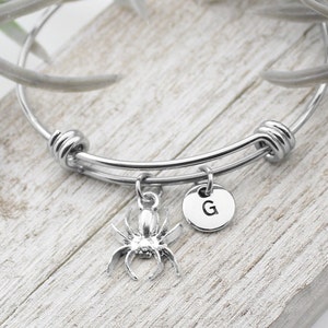 Spider Bracelet, Personalized Spider Charm Bangle Bracelet, Halloween Gift, Spider Jewelry