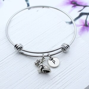 Silver Dog Bracelet, Initial Dog Charm Bangle Bracelet, 3D Dog Jewelry, Sitting Dog Bracelet, Dog Lover Gift, Personalized Pet, Animal, Pet