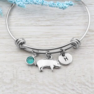 Personalized Pig Initial Bracelet, Pig Charm Bangle Bracelet, Pig Jewelry, Pig Farmer Bracelet, Pig Jewelry
