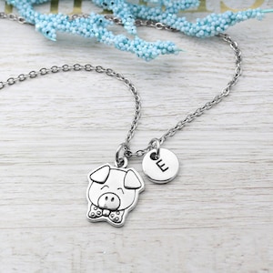Colar de porco fazendeiro, colar de pingente de porco animal personalizado, pingente de porco com letras iniciais, joias