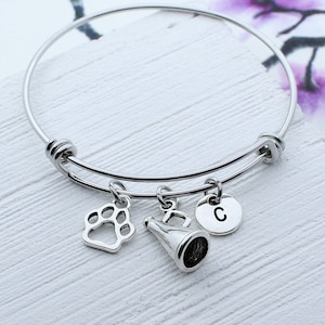 Cheerleader Bracelet, Personalized Cheerleader Charm Bangle, Cheerleader Paw Print, Gift for Cheerleader, Cheerleading Mascot Jewelry Team