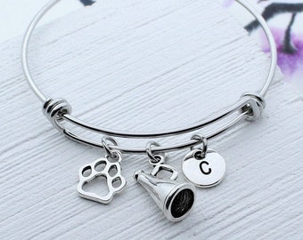 Cheerleader Bracelet, Personalized Cheerleader Charm Bangle, Cheerleader Paw Print, Gift for Cheerleader, Cheerleading Mascot Jewelry Team