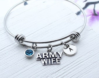 Personalized Army Wife Charm Bangle, Army Wife Bracelet, US Army Charm Jewelry, Gift for Army Wife, Army Wife Gifts, Military Wife Gift