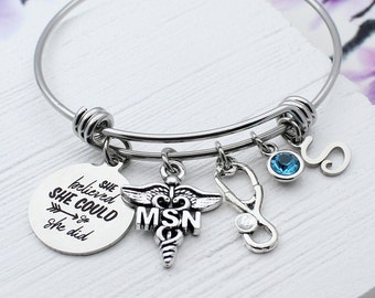 MSN Graduation Gift, Personalized Master Science Nursing Charm Bangle Bracelet, MSN Charm Jewelry, Gift for Msn, Nurse Caduceus Charm