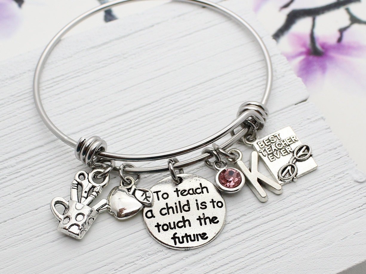 Personalized Teacher Bracelet Teacher Charm Bangle Bracelet Etsy