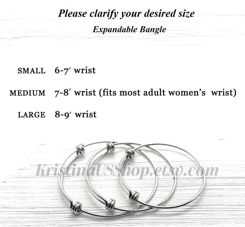 May include: Three expandable silver bangles in different sizes. The sizes are labeled as small, medium, and large. The small bangle is 6-7 inches, the medium bangle is 7-8 inches, and the large bangle is 8-9 inches.