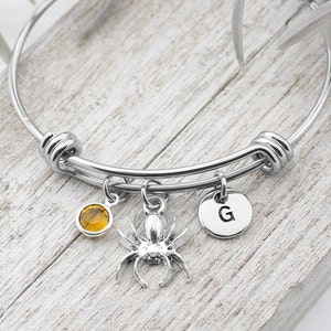 Spider Bracelet, Personalized Spider Charm Bangle Bracelet, Halloween Gift, Spider Jewelry